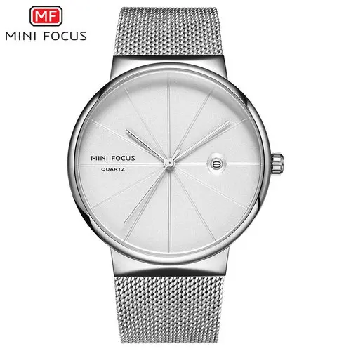 SILVERWHITE MINIFOCUS, модные мужские часы, Топ бренд, роскошная одежда, кварцевые часы для мужчин, ультра тонкий синий сетчатый ремешок, авто отображение даты, часы - Цвет: SILVERWHITE