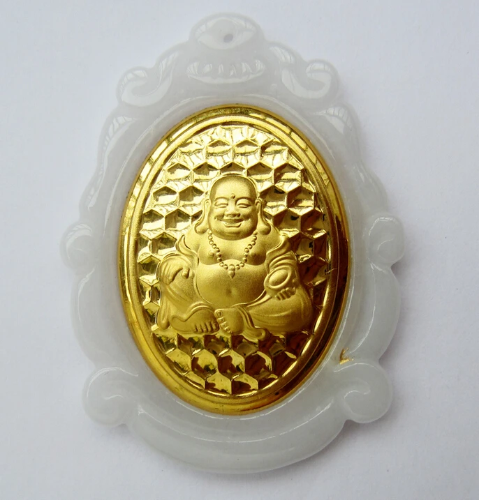 

Pure 24k Yellow Gold 100% Natural /Jadeite Beads Buddha Pendant
