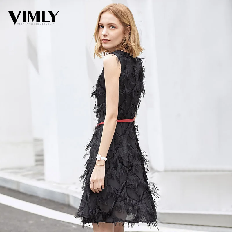 Vimly летнее подиумное платье трапециевидной формы с перьями Vestido элегантное