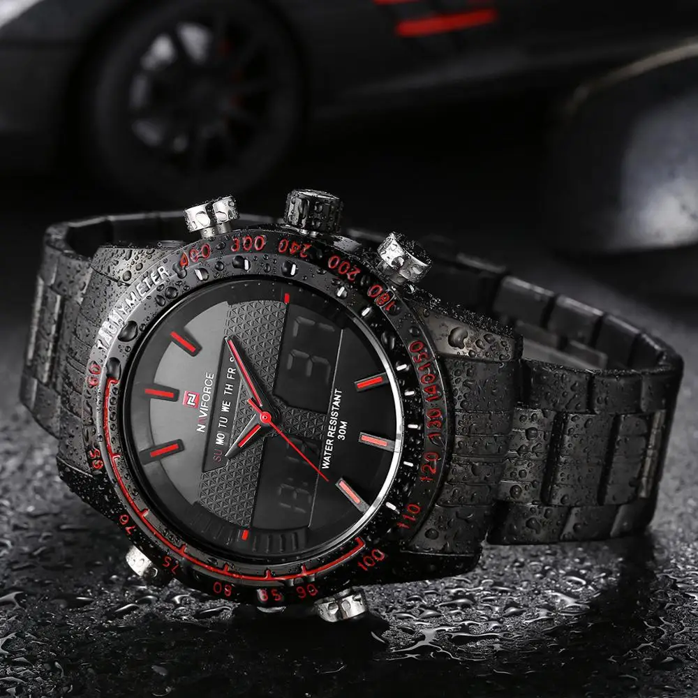 NAVIFORCE мужские спортивные кварцевые часы светодиодный цифровые часы ремешок из нержавеющей стали водонепроницаемый люксовый бренд платье мужские часы с двумя дисплеями