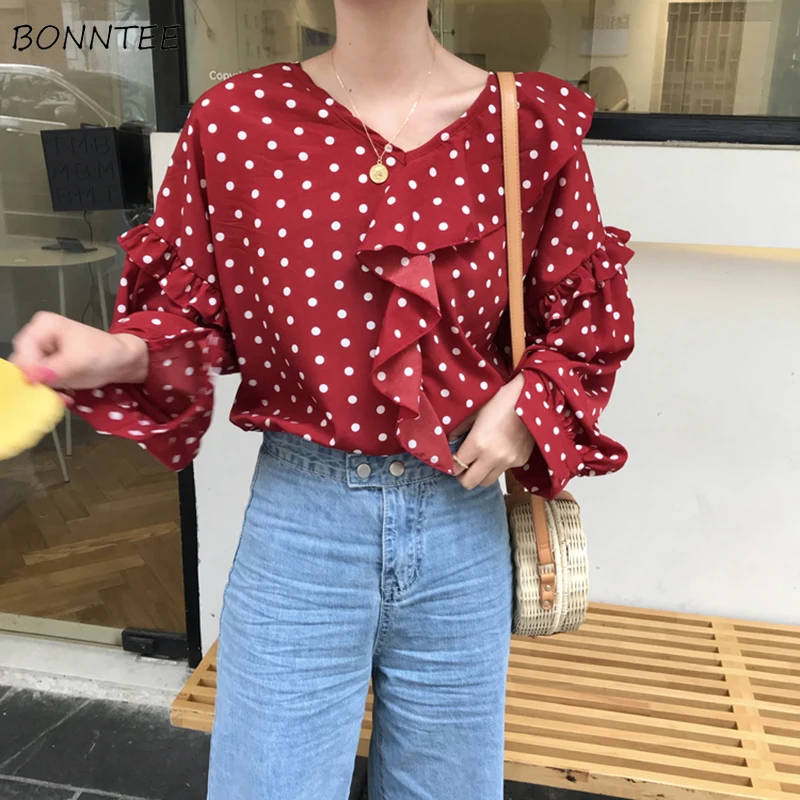 

Blouses Women Elegant V-neck Polka Dot Retro Loose Simple Ladies Long Sleeve Blouse Thin Chiffon High Quality Womens All-match