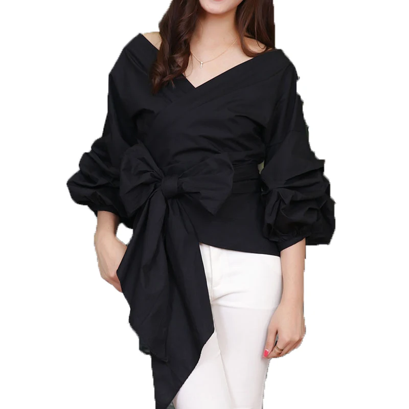 Женская Повседневная Блузка с рукавами-фонариками шнуровкой поясом и бантом