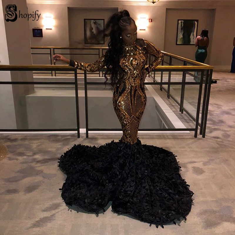 

Sparkly Long Sleeve Sexy Mermaid High Neck African Black Girl New Arrival Women Gold Sequin Prom Dresses 2020