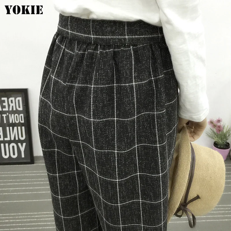 Летний стиль женские широкие брюки клетчатые льняные хлопковые высокая