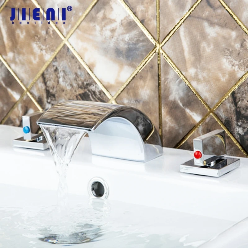 JIENI Bathroom Basin Sink Chrome Brass Waterfall Spout Two Handles Hot Cold Hose Bathtub Torneira Tap Mixer Faucet