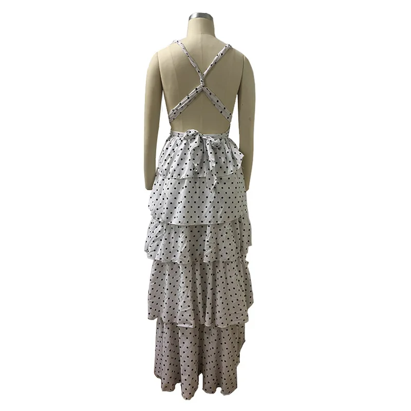 Женское платье с оборками в горошек вечернее пляжное макси на тонких бретелях v