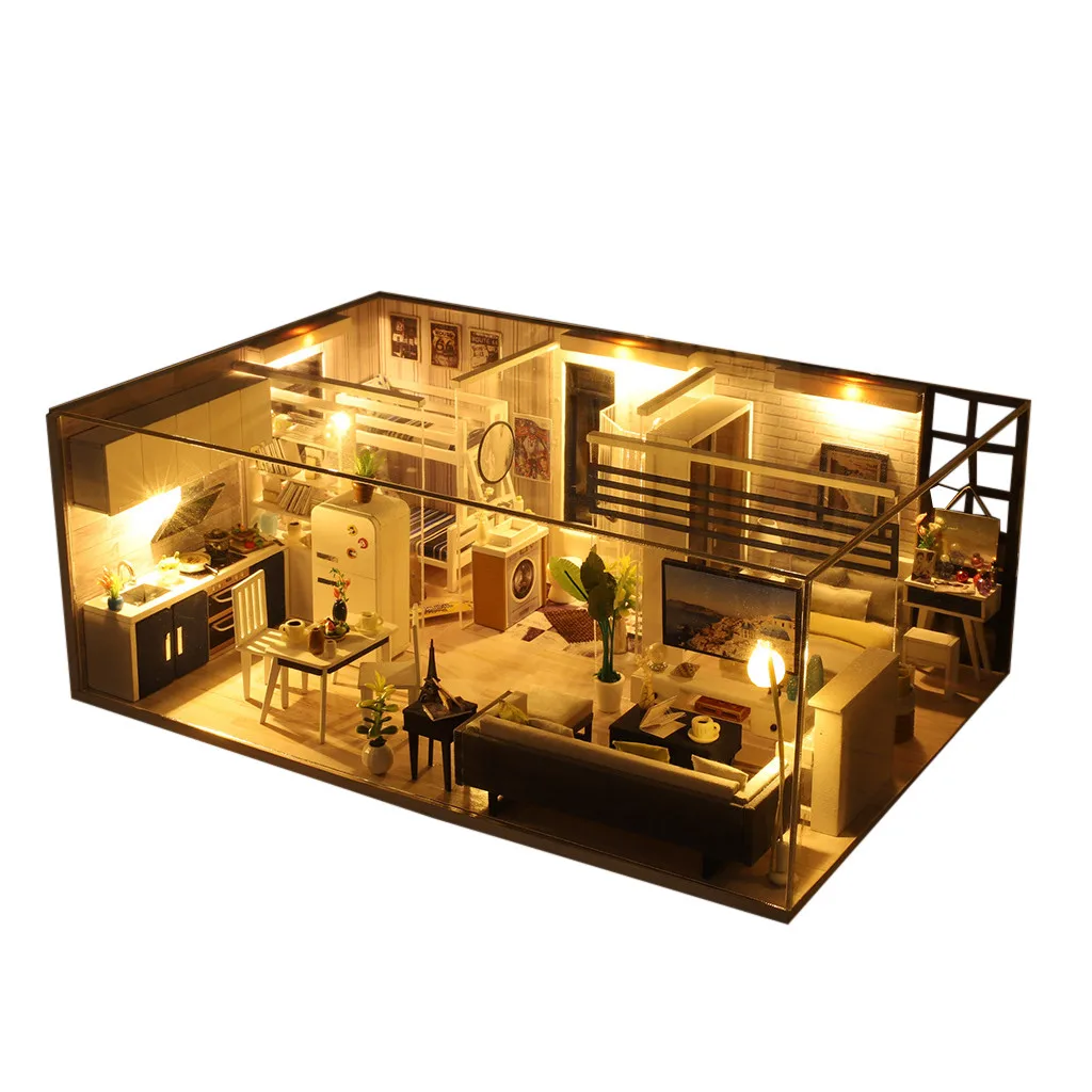 3D кукольный домик Деревянный DIY миниатюрный дом мебель LED пазл украшение