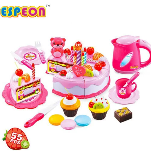 Espeon игровая еда 87 шт. Миниатюрная пластиковая кухня розовый торт ко дню рождения Игрушка Дети ролевые игры детские развивающие игрушки для девочек - Цвет: 55pcs pink No box