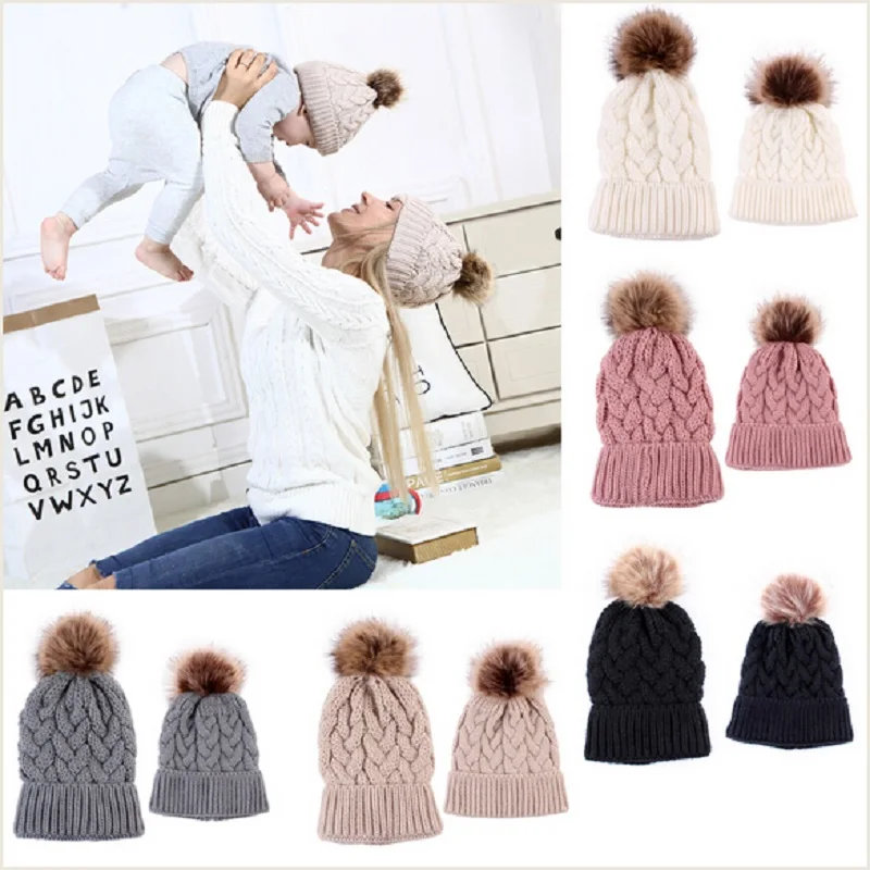 2018 Mother Baby Fashion Women Cap Warm Winter Beanie Fur Pom Hat Crochet Ski Ball cotton Toddler Knitted Beanies | Детская одежда и