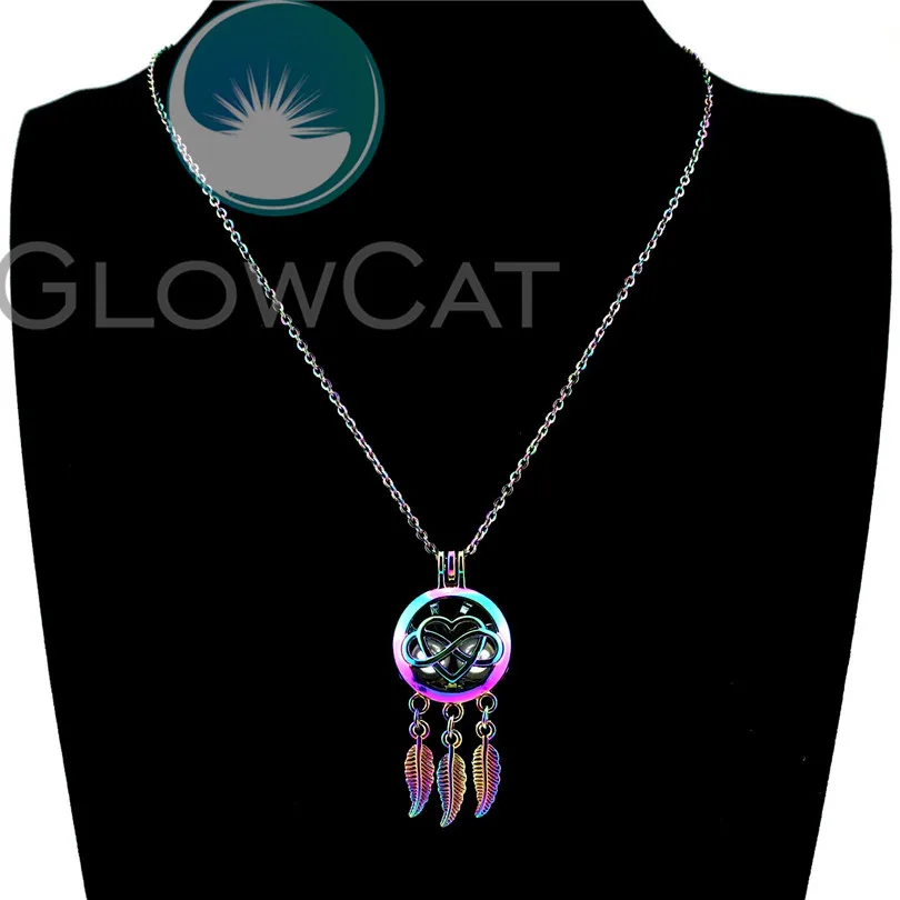 R-C791 Rainbow Color Heart Number 8 Dream Catcher Beads Cage Pendant Perfume Diffuser Aromatherapy Pearl Locket Necklace | Украшения и