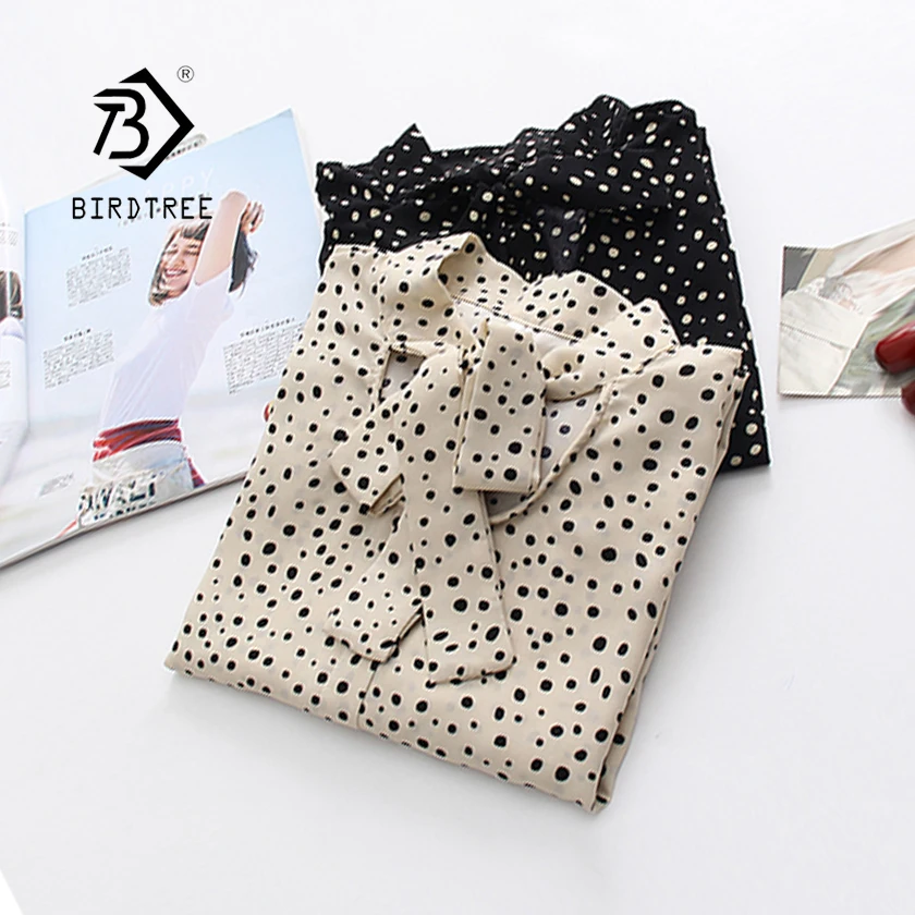 Шифоновая рубашка с принтом в горошек на весну 2019 Офисная Женская одежда стоячий