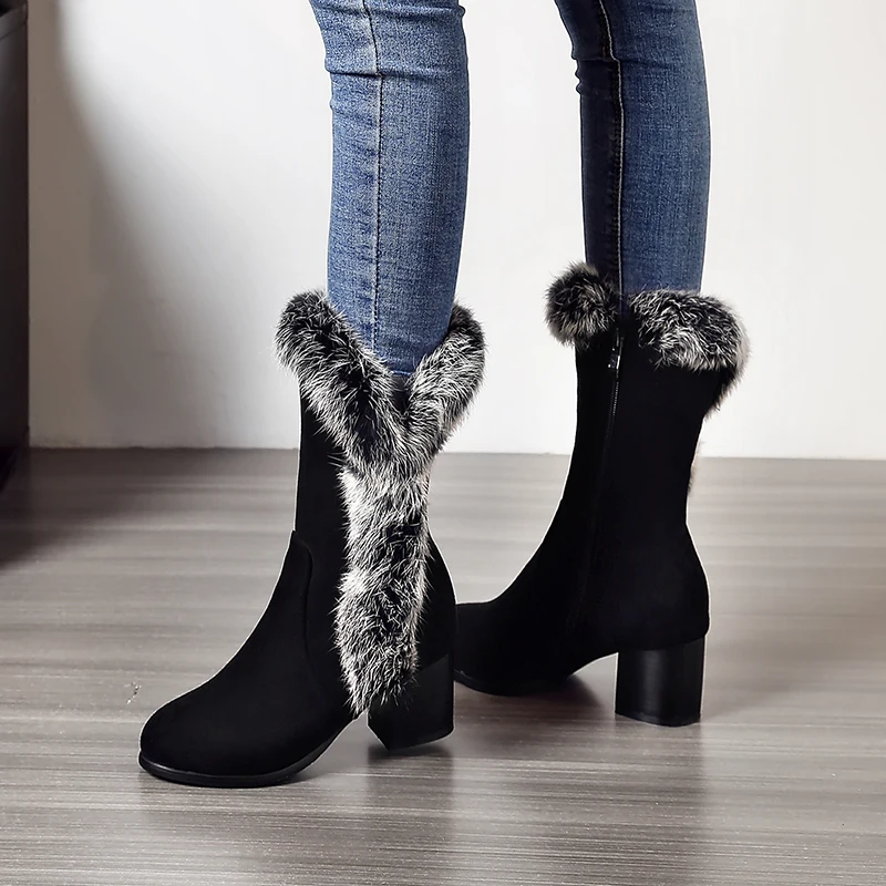 Top Quality Women's Snow Boots Fashion Natural rabbit Fur Winter Warm Mid Casual Ladies Women Shoes T255 | Обувь
