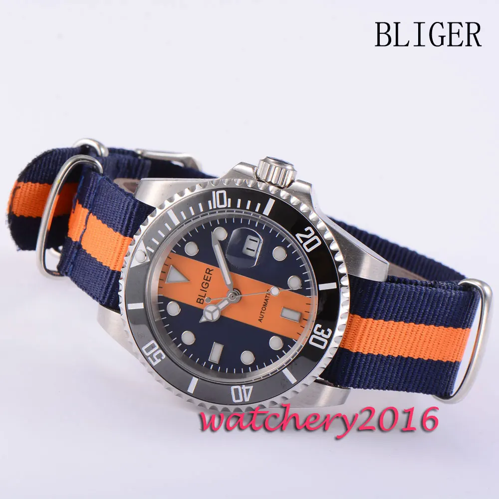40 мм Bliger сапфировое стекло оранжевый синий циферблат нержавеющая сталь чехол