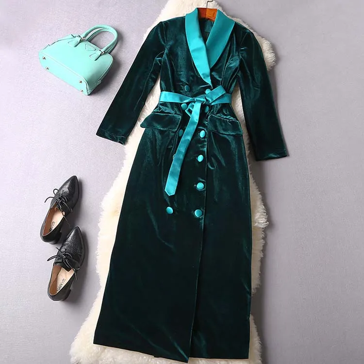 

women autumn 2020 new v-neck slim high waist velvet gentle long vintage retro classic formal lady trench coat