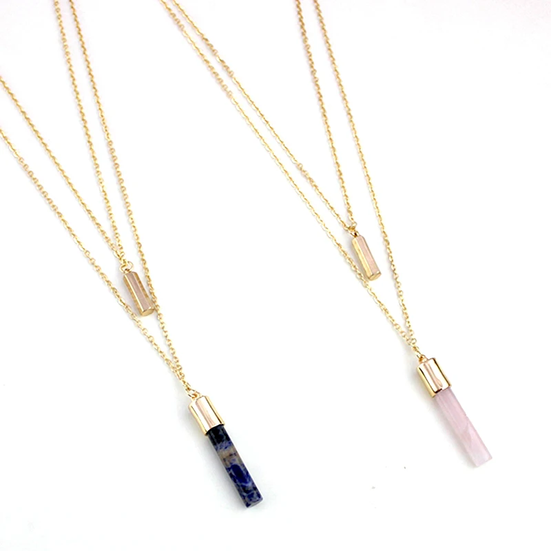 LongWay Fashion Gold Multilayer Necklace Pink Blue Natural Stone Pendant Maxi Jewelry For Women SNE160091103 | Украшения и