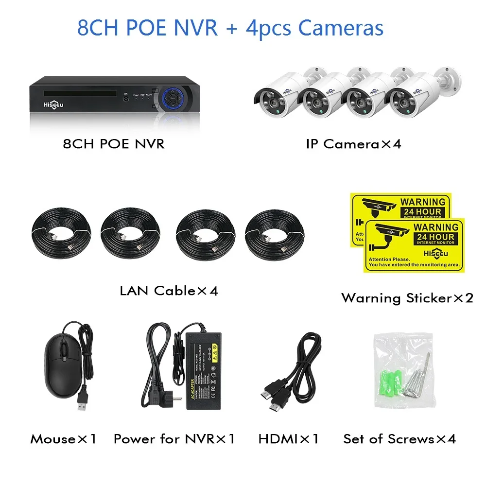 H.265 48 В 8CH 4MP POE NVR система наружная PoE IP CCTV камера безопасности Водонепроницаемая инфракрасная Hiseeu - Цвет: 8CH 4 Cams