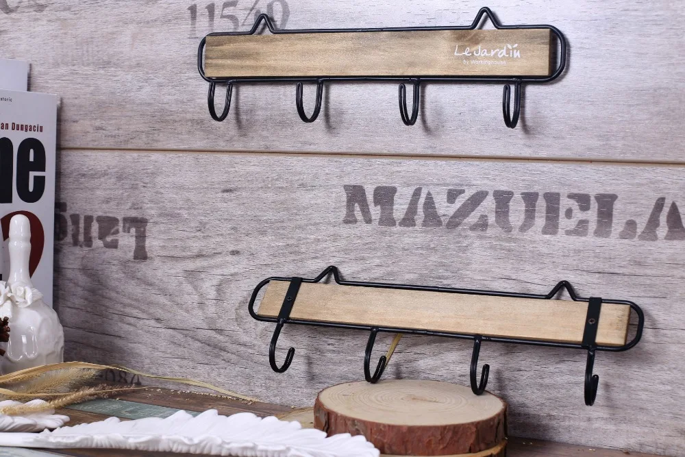 2 шт./лот Винтаж Стиль Металл и деревянные стены стеллаж для хранения с крючком