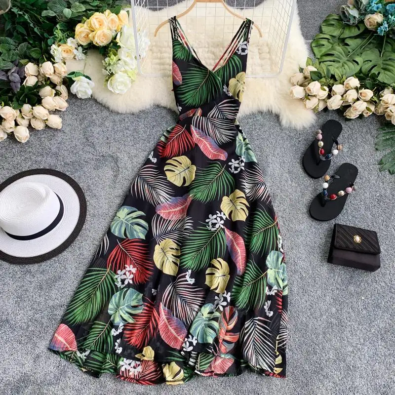 2019 новые модные женские платья тропический растительный принт шифоновая юбка