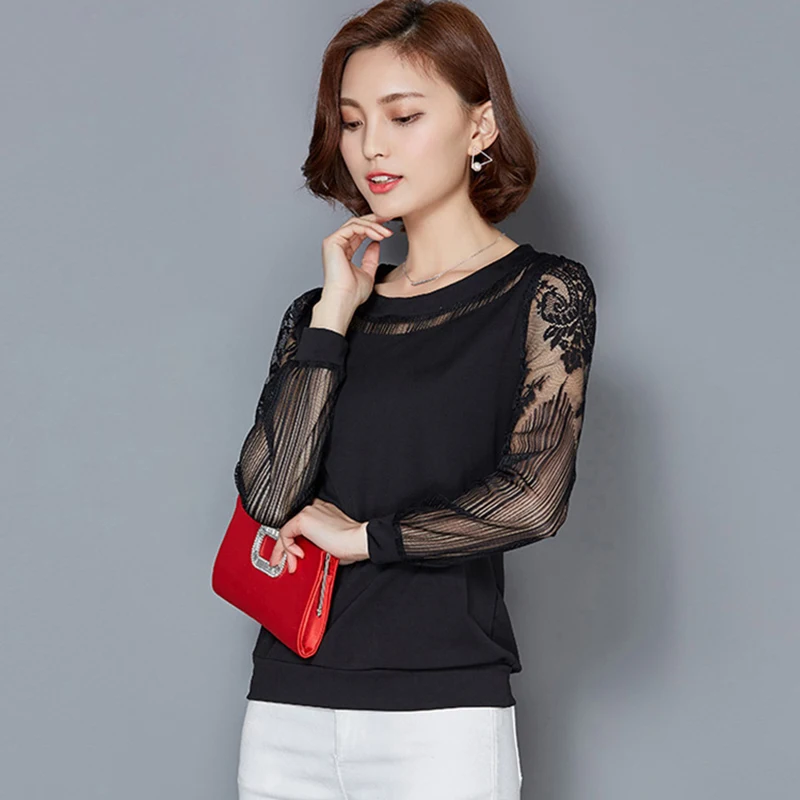 Embroidery Women Mesh Lace Blouses Shirts See Through Style Spring Autumn Long Sleeve Turtleneck Collar Blusas DD1880 | Женская одежда