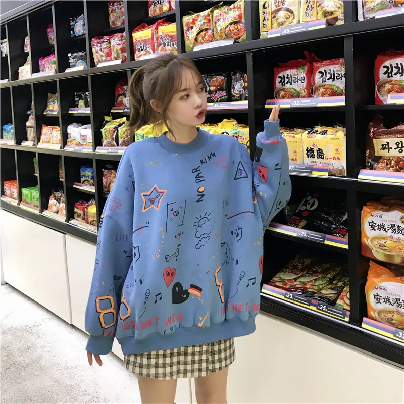 Женские кофты японский Harajuku Ulzzang граффити печатных рукав летучая мышь Толстовка