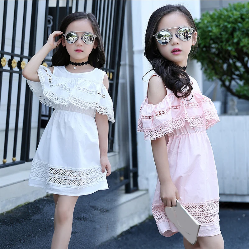 Girls Off Shoulder Dress 2020 Summer Style Lace with Sleeves Teenage Fashion Cotton Hollow Out Clothes | Детская одежда и обувь