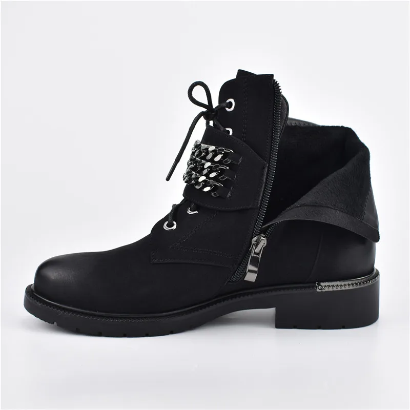 Odetina New Fashion Autumn Winter Women Chunky Low Heel Ankle Boots With Chains Lace Up Booties Side Zipper Warm Shoes Plus Size