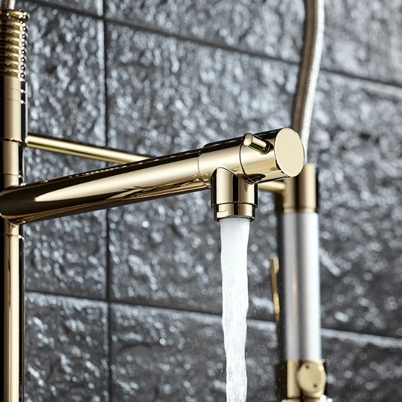 Plating Titanium Gold Pull Out Kitchen Faucet Mixer Multifunctional Water Tap 2 Outlet All Around Rotate Swivel L0156 | Строительство и