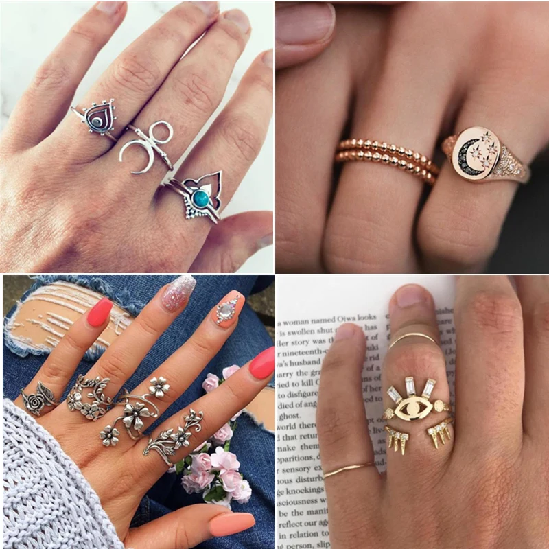 Женский винтажный набор колец из серебра и золота кольцо на палец в стиле бохо с