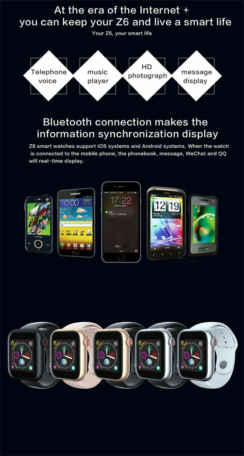 PYMH Bluetooth Z6 Смарт часы последняя камера SIM слот для HTC Samsung iOS и Type C|Смарт-часы| |