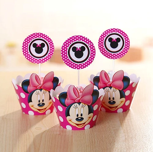 pink rose Minnie 24 шт. = 12 комплектов в партии милые обертки с рисунком в стиле аниме для кексов, Детские аксессуары для дня рождения, украшения свадебного торта - Цвет: pink rose Minnie