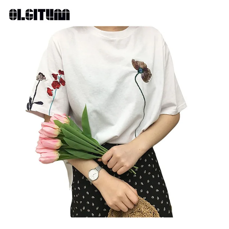 

OLGITUM 2020 New Fashion Summer Flower Embroidered All-matched Loose O-neck Casual Short Sleeve Female T-shirts TT340