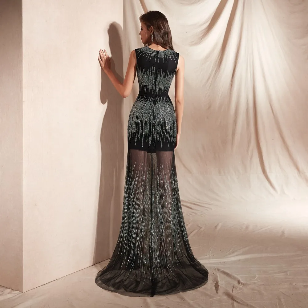 Женское вечернее платье-корсет CEEWHY Черное платье с бусинами и корсетом 2019 |