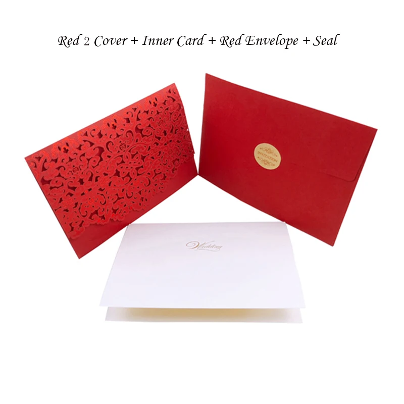 One Set Red 1 50 шт., синие, красные, роскошные свадебные пригласительные открытки с цветочным узором, лазерная резка, Индивидуальные свадебные конверты, вечерние, свадебные украшения - Цвет: One Set Red 1