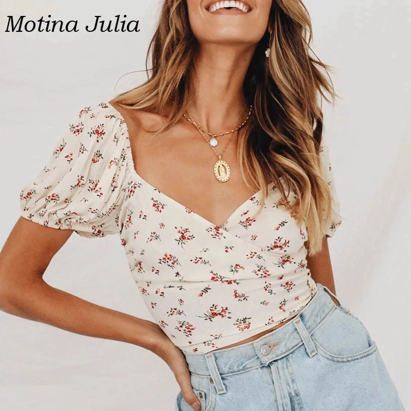 Motina Юлия 2019 лето назад на шнуровке принт женские блузки рубашки v шеи boho пляжные