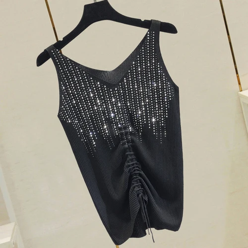 black Drawstring Летняя майка для отдыха, майки для женщин,, сверхпрочная Трикотажная майка на бретельках, яркая шелковая трикотажная одежда, тонкие Топы для женщин - Цвет: black Drawstring