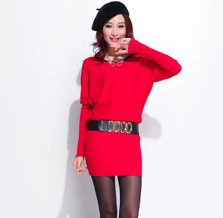 Ремень! 2015 новая зимняя одежда форме крыла летучей мыши рукав свитер платье