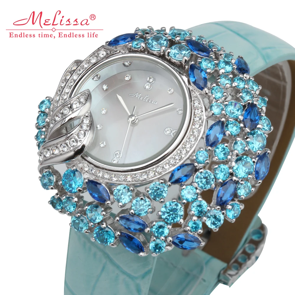 Роскошные женские часы с перламутром Melissa Стразы кристаллами модные кожаным