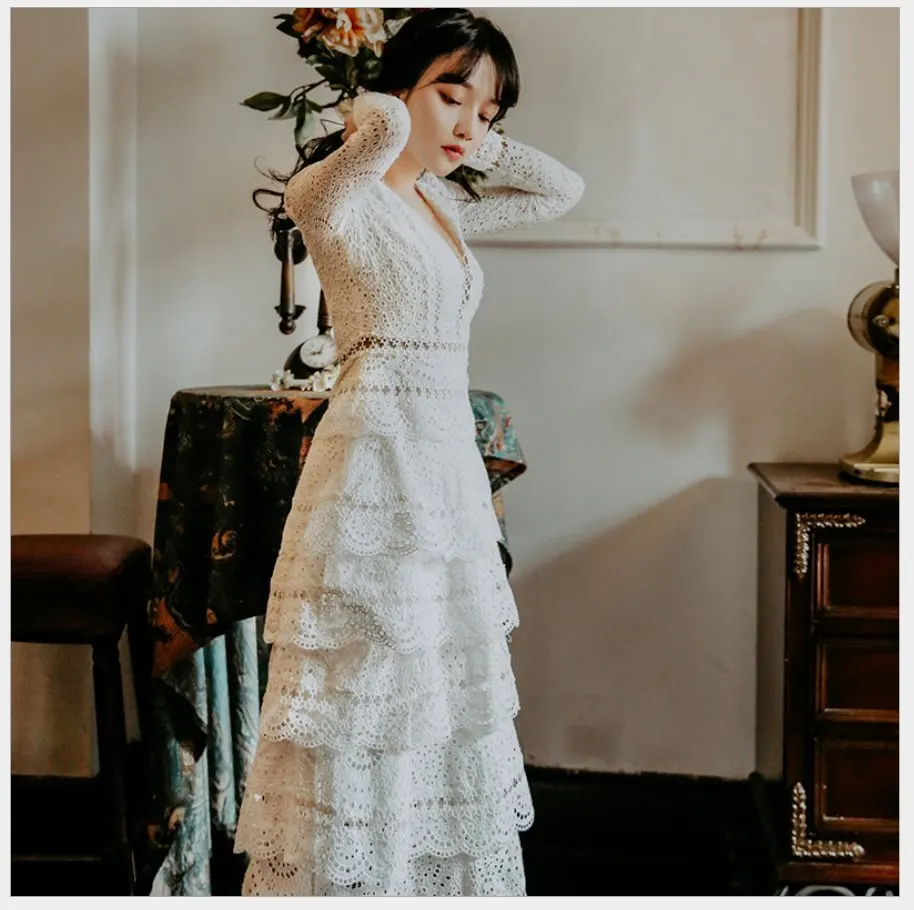 

Spring Autumn Runway White Long Party Dress Women's Long Sleeve V-Neck Hollow Out Layer Ruffle Cake Dress High Waist Vestidos