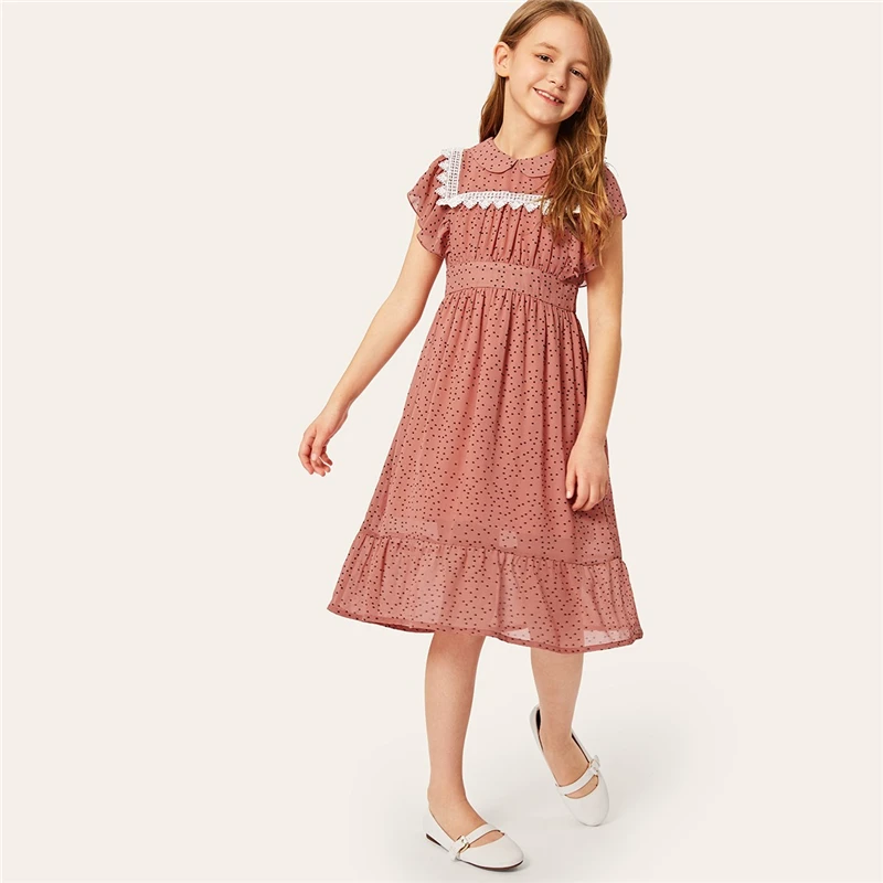SHEIN/милое платье в горошек с контрастными кружевными манжетами для девочек г. Летнее милое ТРАПЕЦИЕВИДНОЕ расклешенное платье миди с рукавами «летучая мышь»