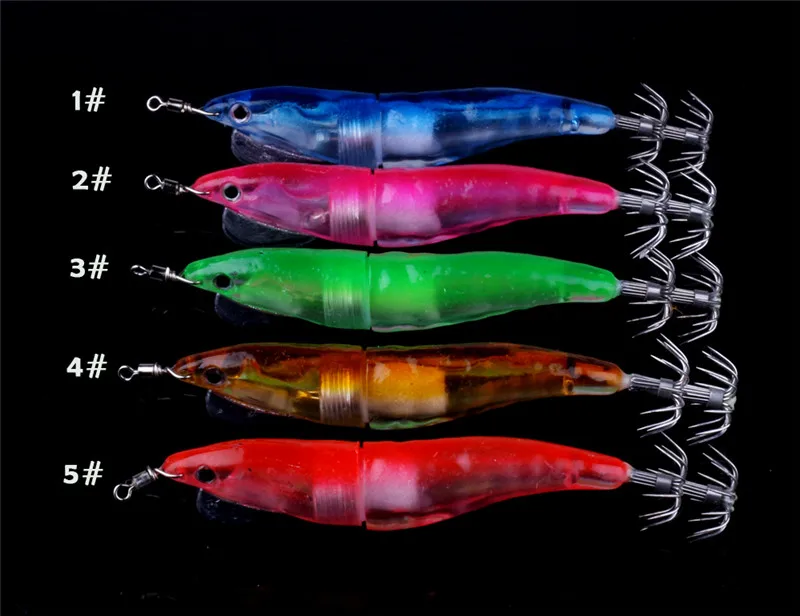 Mixed colors HENGJIA, 5 шт., пластиковые жесткие креветки, светодиодные электронные светящиеся кальмары, светящиеся ночные креветка для рыбалки, приманки - Цвет: Mixed colors