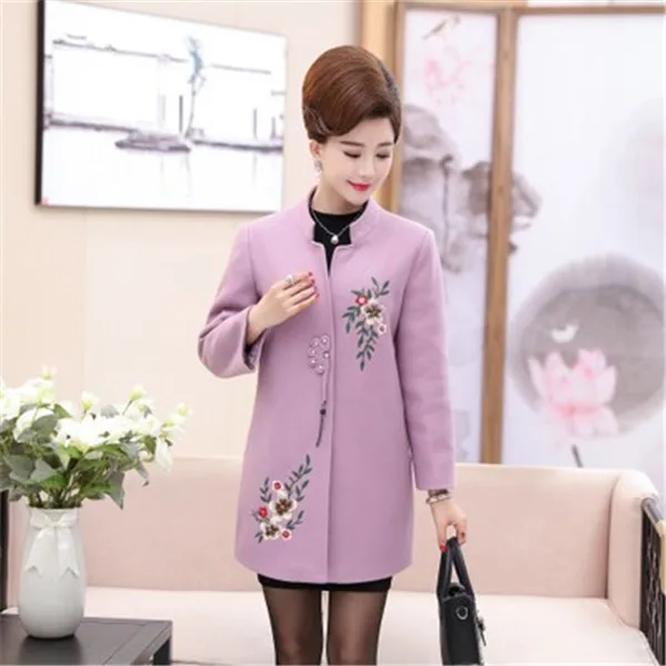 8039Pink purple Зимняя женская куртка весна осень винтажное цветочное шерстяное пальто с вышивкой женское Шерстяное Пальто среднего возраста размера плюс 5XL - Цвет: 8039Pink purple