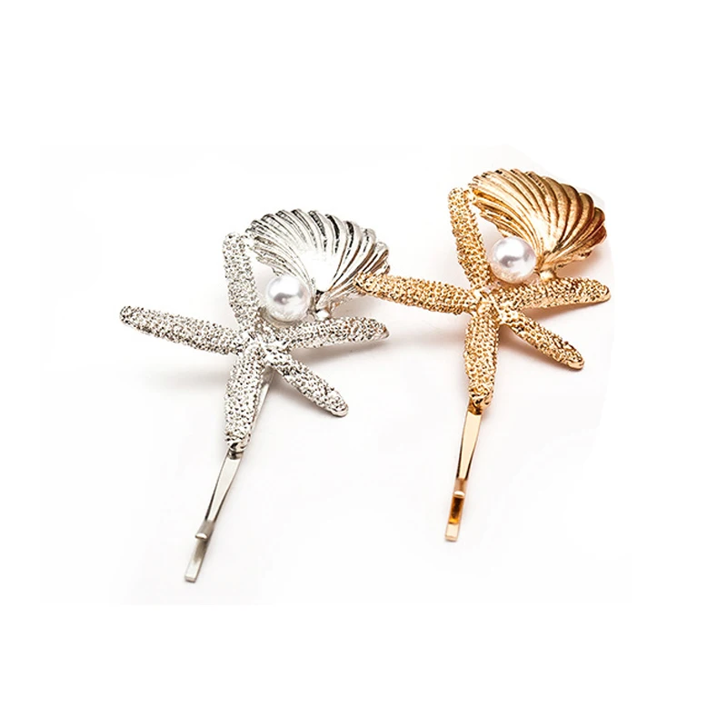 1 Pairs Korean Gold Silver Color Starfish Hair Accessories Metal Shell Hairpin Side Clip Pearl Batterre Hairgrips Clips | Украшения и