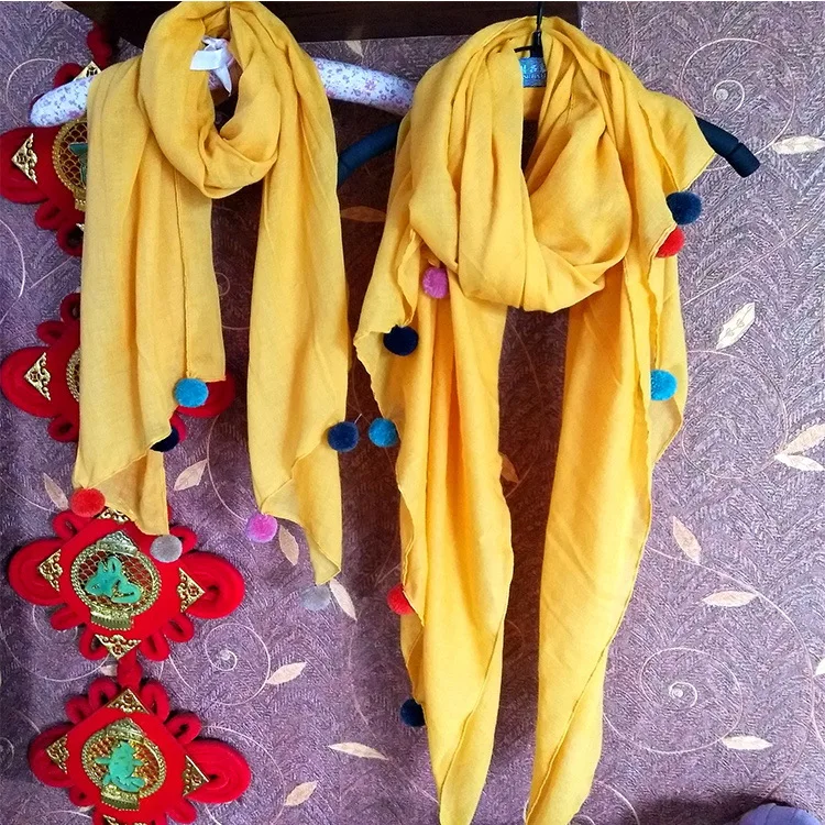 Модный новейший женский однотонный шарф с помпонами хлопковый шали 11 цветов 10