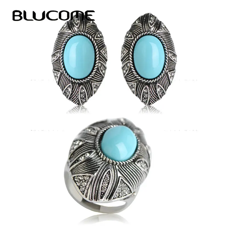 

Blucome Vintage Flower Jewelry Sets Crystal Blue Round Ring Earring Set Turkish Women Party Engagement Accessories Retro Bijoux