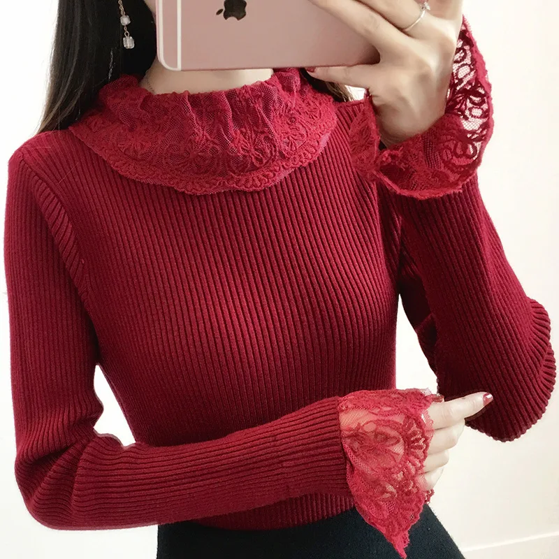 High Elastic Knitted Sweater Women 2018 Autumn Winter lace embroidery Patchwork Long Sleeve Sweaters Pullovers Female | Женская одежда