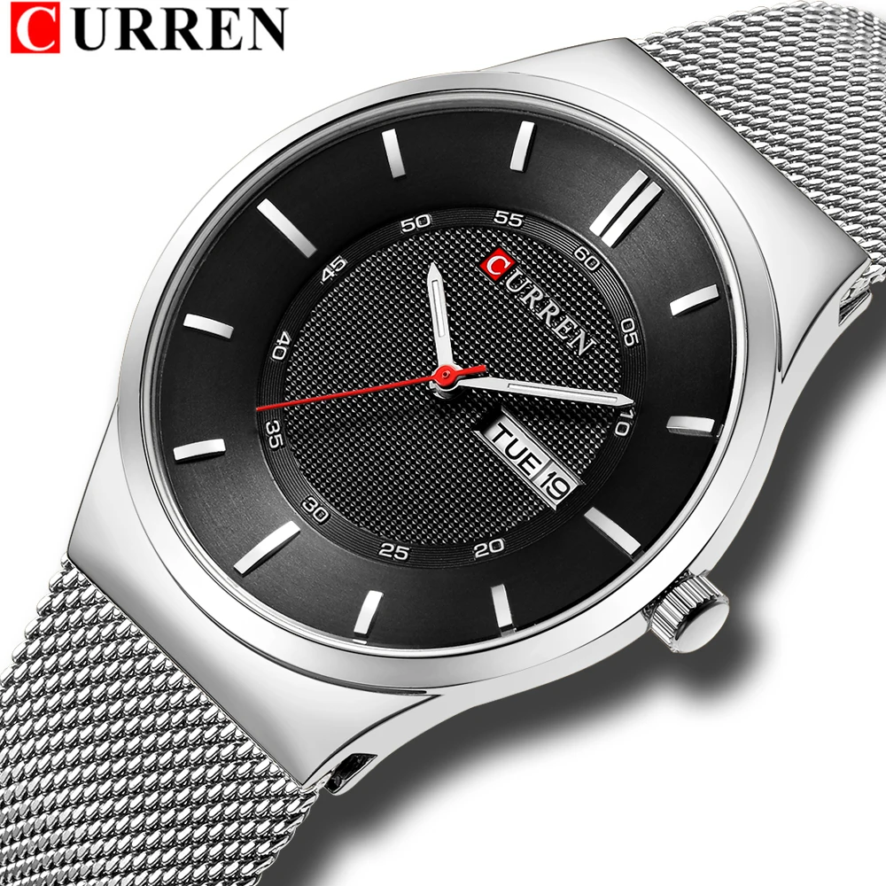 

Men Watches Simple Style Stainless Steel Mesh Wristwatch CURREN New Quartz Male Clock With Week and Date Reloj Waterproof Hombre