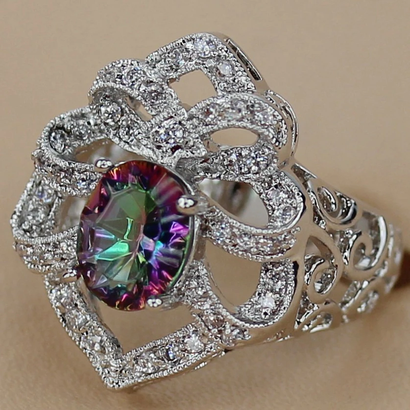 Fleure Esme Lovely Engagement wedding rings for men and women my orders Rainbow Cubic Zirconia Rhodium Plated R3339 size 6 7 8 9 | Украшения