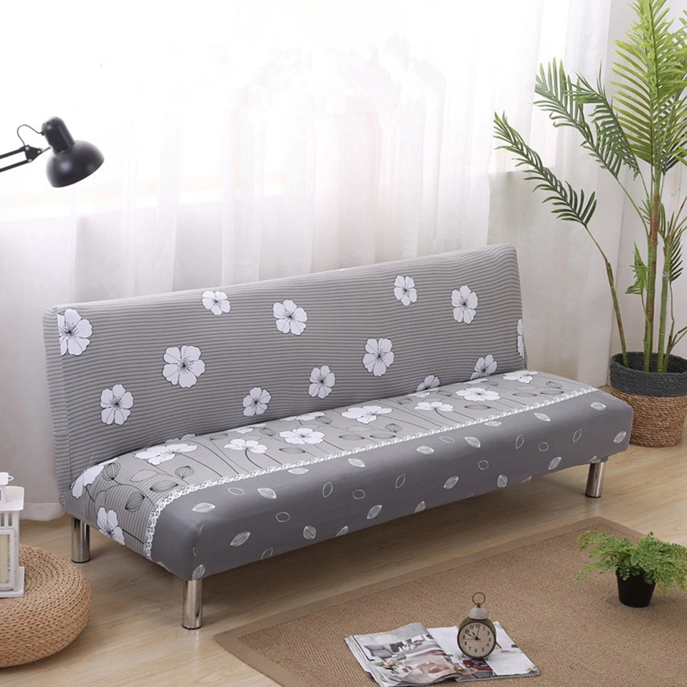 Серый полосатый чехол для дивана эластичный без подлокотника белый цветок