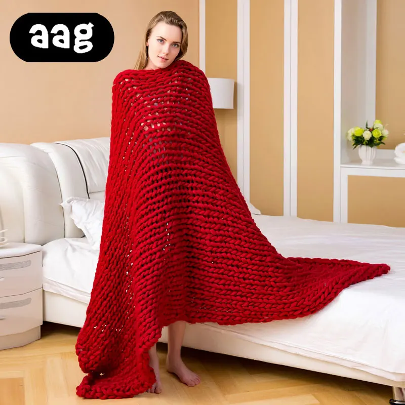 Вязаное одеяло ручной работы из мериносовой шерсти для взрослых однотонное