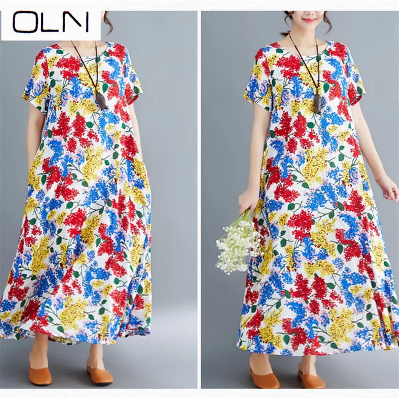 Платье OLN новый большой размер женское Свободное платье с коротким рукавом из